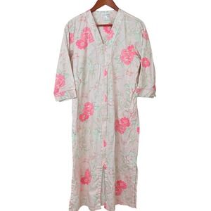 Miss Elaine Cotton Nightgown House Coat 3/4 Sleeve Floral Zip Medium Comfort‎